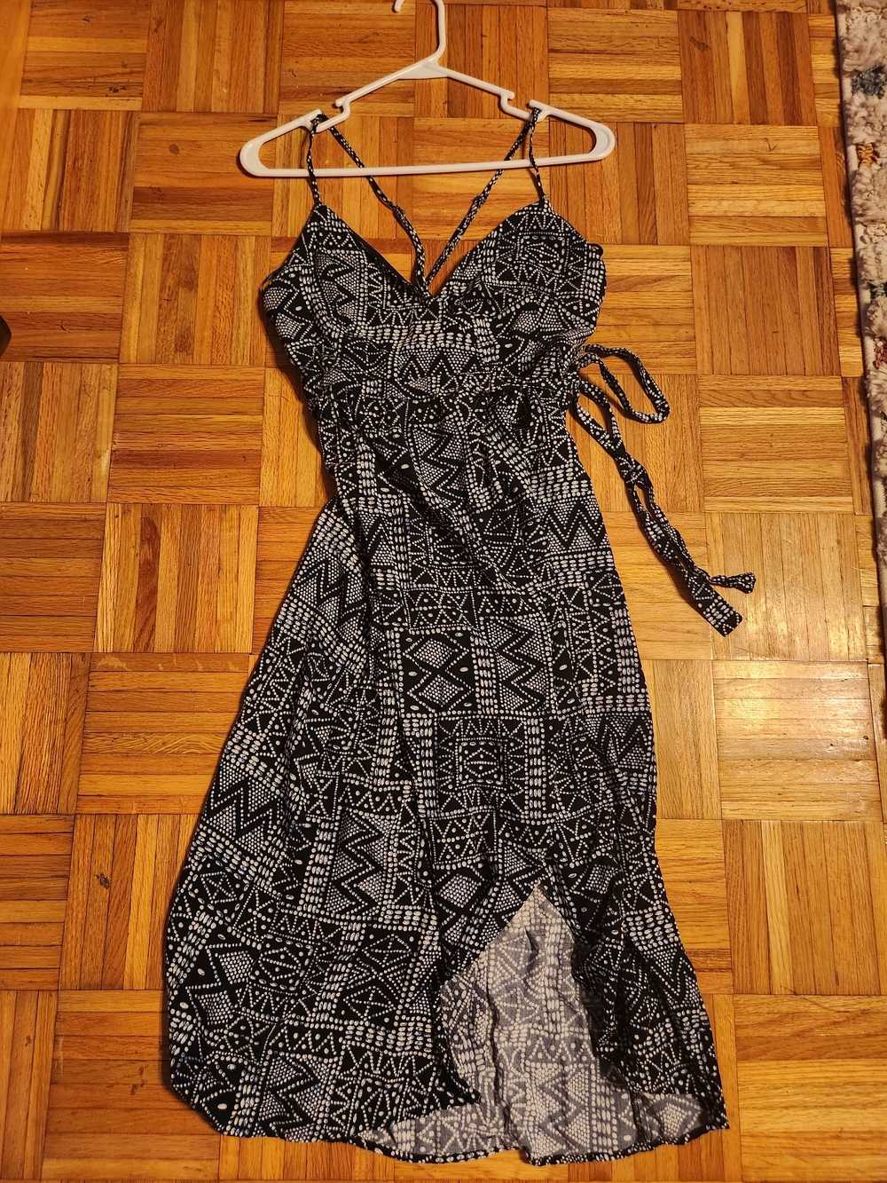 Navy Blue & White Geometric Maxi Dress with Adjustable Tie